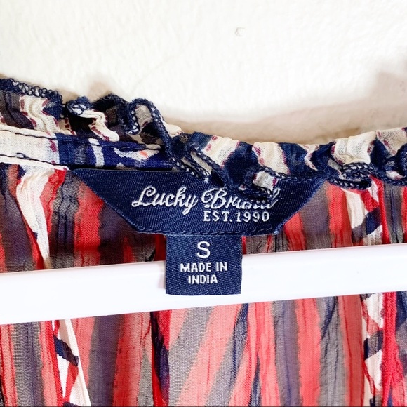 Lucky Brand Red Blue Printed Boho Bohemian Peasant Top Blouse Sheer Tunic Shirt - Picture 7 of 9